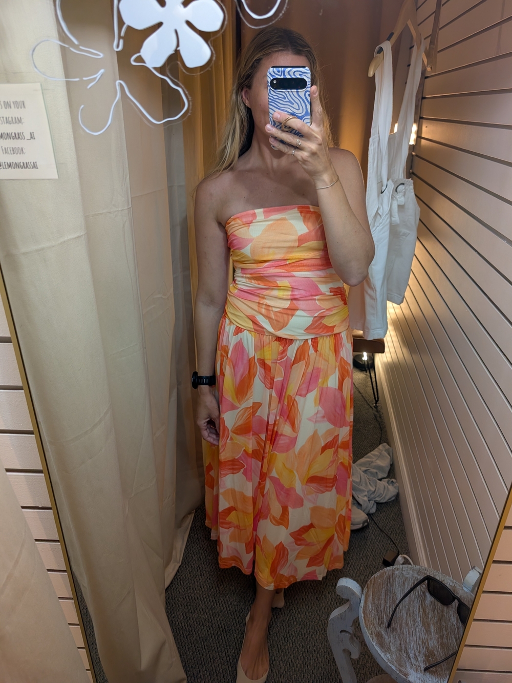 Strapless Floral Midi Dress in Peach & Pink